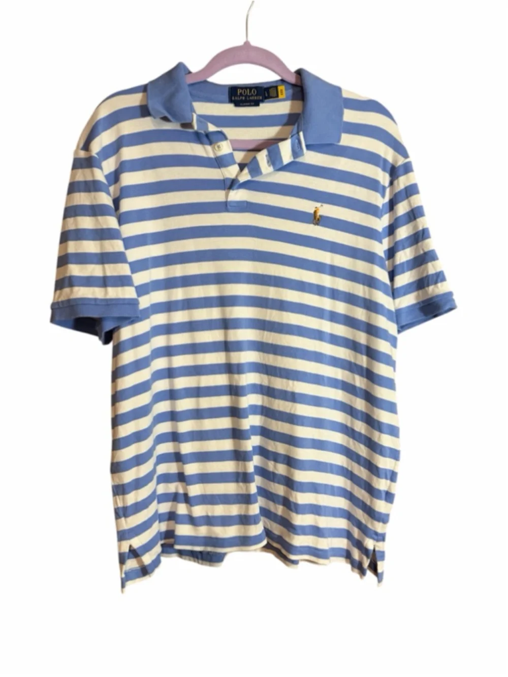 Polo Ralph Lauren mens blue and white striped short sleeve cotton polo size L